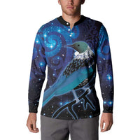 New Zealand Tui Bird Button Sweatshirt The Pleiades Star Cluster and Koru Tribal Tattoo Galaxy Vibe