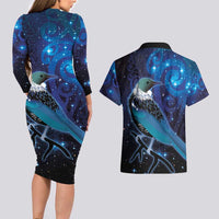New Zealand Tui Bird Couples Matching Long Sleeve Bodycon Dress and Hawaiian Shirt The Pleiades Star Cluster and Koru Tribal Tattoo Galaxy Vibe LT03 - Polynesian Pride