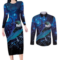 New Zealand Tui Bird Couples Matching Long Sleeve Bodycon Dress and Long Sleeve Button Shirt The Pleiades Star Cluster and Koru Tribal Tattoo Galaxy Vibe LT03 Blue - Polynesian Pride
