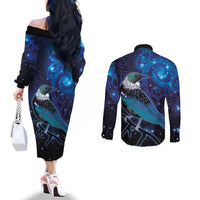 New Zealand Tui Bird Couples Matching Off The Shoulder Long Sleeve Dress and Long Sleeve Button Shirt The Pleiades Star Cluster and Koru Tribal Tattoo Galaxy Vibe LT03 - Polynesian Pride