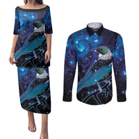 New Zealand Tui Bird Couples Matching Puletasi and Long Sleeve Button Shirt The Pleiades Star Cluster and Koru Tribal Tattoo Galaxy Vibe LT03 Blue - Polynesian Pride