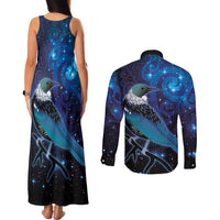 New Zealand Tui Bird Couples Matching Tank Maxi Dress and Long Sleeve Button Shirt The Pleiades Star Cluster and Koru Tribal Tattoo Galaxy Vibe LT03 - Polynesian Pride