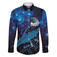 New Zealand Tui Bird Family Matching Long Sleeve Bodycon Dress and Hawaiian Shirt The Pleiades Star Cluster and Koru Tribal Tattoo Galaxy Vibe LT03 Dad's Shirt - Long Sleeve Blue - Polynesian Pride