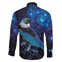 New Zealand Tui Bird Family Matching Long Sleeve Bodycon Dress and Hawaiian Shirt The Pleiades Star Cluster and Koru Tribal Tattoo Galaxy Vibe LT03 - Polynesian Pride