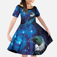 New Zealand Tui Bird Family Matching Off The Shoulder Long Sleeve Dress and Hawaiian Shirt The Pleiades Star Cluster and Koru Tribal Tattoo Galaxy Vibe LT03 Daughter's Dress Blue - Polynesian Pride