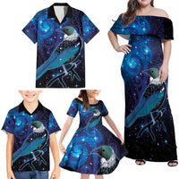 New Zealand Tui Bird Family Matching Off Shoulder Maxi Dress and Hawaiian Shirt The Pleiades Star Cluster and Koru Tribal Tattoo Galaxy Vibe LT03 - Polynesian Pride