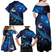 New Zealand Tui Bird Family Matching Off Shoulder Maxi Dress and Hawaiian Shirt The Pleiades Star Cluster and Koru Tribal Tattoo Galaxy Vibe LT03 - Polynesian Pride