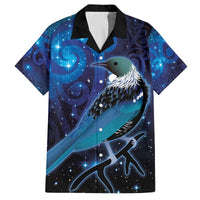 New Zealand Tui Bird Family Matching Off Shoulder Short Dress and Hawaiian Shirt The Pleiades Star Cluster and Koru Tribal Tattoo Galaxy Vibe LT03 Dad's Shirt - Short Sleeve Blue - Polynesian Pride