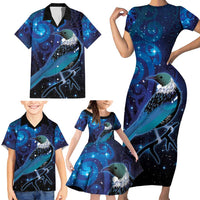New Zealand Tui Bird Family Matching Short Sleeve Bodycon Dress and Hawaiian Shirt The Pleiades Star Cluster and Koru Tribal Tattoo Galaxy Vibe LT03 - Polynesian Pride