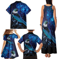 New Zealand Tui Bird Family Matching Tank Maxi Dress and Hawaiian Shirt The Pleiades Star Cluster and Koru Tribal Tattoo Galaxy Vibe LT03 - Polynesian Pride