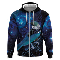 New Zealand Tui Bird Hoodie The Pleiades Star Cluster and Koru Tribal Tattoo Galaxy Vibe LT03 Zip Hoodie Blue - Polynesian Pride