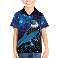 New Zealand Tui Bird Kid Hawaiian Shirt The Pleiades Star Cluster and Koru Tribal Tattoo Galaxy Vibe LT03 Kid Blue - Polynesian Pride