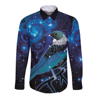 New Zealand Tui Bird Long Sleeve Button Shirt The Pleiades Star Cluster and Koru Tribal Tattoo Galaxy Vibe LT03 Unisex Blue - Polynesian Pride