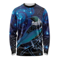 New Zealand Tui Bird Long Sleeve Shirt The Pleiades Star Cluster and Koru Tribal Tattoo Galaxy Vibe LT03 Unisex Blue - Polynesian Pride