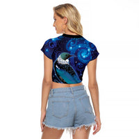New Zealand Tui Bird Raglan Cropped T Shirt The Pleiades Star Cluster and Koru Tribal Tattoo Galaxy Vibe