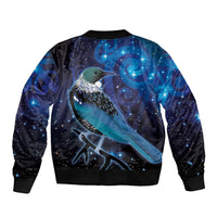New Zealand Tui Bird Sleeve Zip Bomber Jacket The Pleiades Star Cluster and Koru Tribal Tattoo Galaxy Vibe LT03 - Polynesian Pride