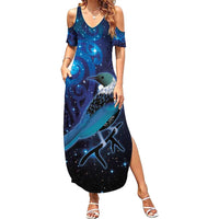 New Zealand Tui Bird Summer Maxi Dress The Pleiades Star Cluster and Koru Tribal Tattoo Galaxy Vibe LT03 Women Blue - Polynesian Pride