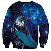 New Zealand Tui Bird Sweatshirt The Pleiades Star Cluster and Koru Tribal Tattoo Galaxy Vibe LT03 - Polynesian Pride