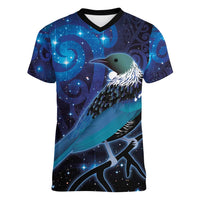 New Zealand Tui Bird Women V-Neck T-Shirt The Pleiades Star Cluster and Koru Tribal Tattoo Galaxy Vibe