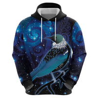 New Zealand Tui Bird Zip Hoodie The Pleiades Star Cluster and Koru Tribal Tattoo Galaxy Vibe LT03 - Polynesian Pride