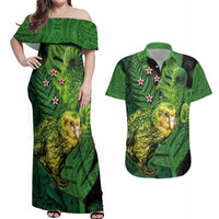 New Zealand Kkp Couples Matching Off Shoulder Maxi Dress and Hawaiian Shirt Silver Fern with Close up of Green Fern Leaves and Maori Tattoo LT03 Green - Polynesian Pride