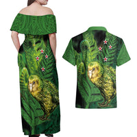 New Zealand Kkp Couples Matching Off Shoulder Maxi Dress and Hawaiian Shirt Silver Fern with Close up of Green Fern Leaves and Maori Tattoo LT03 - Polynesian Pride