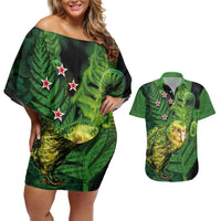 New Zealand Kkp Couples Matching Off Shoulder Short Dress and Hawaiian Shirt Silver Fern with Close up of Green Fern Leaves and Maori Tattoo LT03 Green - Polynesian Pride