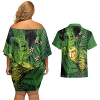 New Zealand Kkp Couples Matching Off Shoulder Short Dress and Hawaiian Shirt Silver Fern with Close up of Green Fern Leaves and Maori Tattoo LT03 - Polynesian Pride