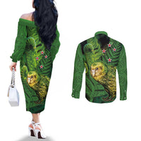 New Zealand Kkp Couples Matching Off The Shoulder Long Sleeve Dress and Long Sleeve Button Shirt Silver Fern with Close up of Green Fern Leaves and Maori Tattoo LT03 - Polynesian Pride
