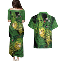 New Zealand Kkp Couples Matching Puletasi and Hawaiian Shirt Silver Fern with Close up of Green Fern Leaves and Maori Tattoo LT03 - Polynesian Pride