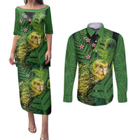 New Zealand Kkp Couples Matching Puletasi and Long Sleeve Button Shirt Silver Fern with Close up of Green Fern Leaves and Maori Tattoo LT03 Green - Polynesian Pride