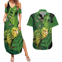 New Zealand Kkp Couples Matching Summer Maxi Dress and Hawaiian Shirt Silver Fern with Close up of Green Fern Leaves and Maori Tattoo LT03 Green - Polynesian Pride