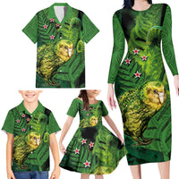 New Zealand Kkp Family Matching Long Sleeve Bodycon Dress and Hawaiian Shirt Silver Fern with Close up of Green Fern Leaves and Maori Tattoo LT03 - Polynesian Pride