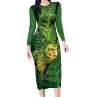New Zealand Kkp Family Matching Long Sleeve Bodycon Dress and Hawaiian Shirt Silver Fern with Close up of Green Fern Leaves and Maori Tattoo LT03 Mom's Dress Green - Polynesian Pride