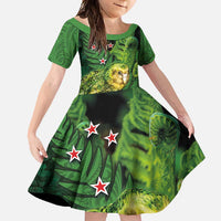 New Zealand Kkp Family Matching Mermaid Dress and Hawaiian Shirt Silver Fern with Close up of Green Fern Leaves and Maori Tattoo LT03 Daughter's Dress Green - Polynesian Pride