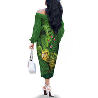 New Zealand Kkp Family Matching Off The Shoulder Long Sleeve Dress and Hawaiian Shirt Silver Fern with Close up of Green Fern Leaves and Maori Tattoo LT03 - Polynesian Pride
