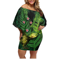 New Zealand Kkp Family Matching Off Shoulder Short Dress and Hawaiian Shirt Silver Fern with Close up of Green Fern Leaves and Maori Tattoo LT03 Mom's Dress Green - Polynesian Pride