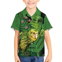 New Zealand Kkp Family Matching Puletasi and Hawaiian Shirt Silver Fern with Close up of Green Fern Leaves and Maori Tattoo LT03 Son's Shirt Green - Polynesian Pride