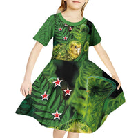 New Zealand Kkp Kid Short Sleeve Dress Silver Fern with Close up of Green Fern Leaves and Maori Tattoo LT03 - Polynesian Pride