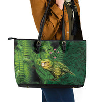 New Zealand Kkp Leather Tote Bag Silver Fern with Close up of Green Fern Leaves and Maori Tattoo LT03 - Polynesian Pride