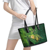New Zealand Kkp Leather Tote Bag Silver Fern with Close up of Green Fern Leaves and Maori Tattoo LT03 - Polynesian Pride