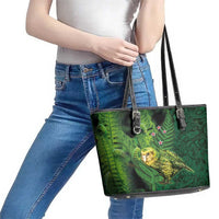 New Zealand Kkp Leather Tote Bag Silver Fern with Close up of Green Fern Leaves and Maori Tattoo LT03 - Polynesian Pride
