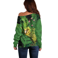 New Zealand Kkp Off Shoulder Sweater Silver Fern with Close up of Green Fern Leaves and Maori Tattoo LT03 - Polynesian Pride