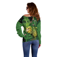 New Zealand Kkp Off Shoulder Sweater Silver Fern with Close up of Green Fern Leaves and Maori Tattoo LT03 - Polynesian Pride