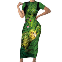 New Zealand Kkp Short Sleeve Bodycon Dress Silver Fern with Close up of Green Fern Leaves and Maori Tattoo LT03 Long Dress Green - Polynesian Pride