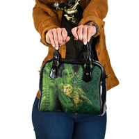 New Zealand Kkp Shoulder Handbag Silver Fern with Close up of Green Fern Leaves and Maori Tattoo LT03 One Size Green - Polynesian Pride