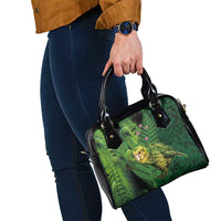 New Zealand Kkp Shoulder Handbag Silver Fern with Close up of Green Fern Leaves and Maori Tattoo LT03 - Polynesian Pride