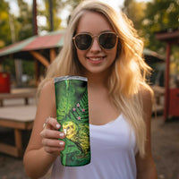 New Zealand Kkp Skinny Tumbler Silver Fern with Close up of Green Fern Leaves and Maori Tattoo LT03 - Polynesian Pride