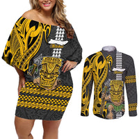 Hawaii Molokai Island Couples Matching Off Shoulder Short Dress and Long Sleeve Button Shirts Hawaiian Warrior and Kakau Symbols Abstract Tattoo LT03 Yellow - Polynesian Pride