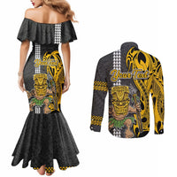 Custom Hawaii Molokai Island Couples Matching Mermaid Dress and Long Sleeve Button Shirts Hawaiian Warrior and Kakau Symbols Abstract Tattoo LT03 - Polynesian Pride